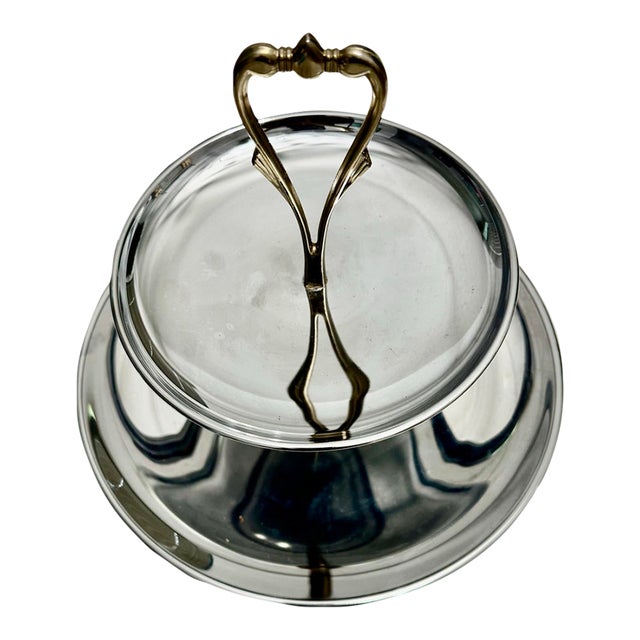 Vintage Mid-Century Modern 2-Tier Silver & Brass Tidbit Tray Dessert & Pastry Stand Centerpiece For Sale