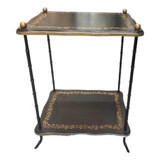 Vintage Hollywood Regency Faux Bamboo Two-Tier Occasional Table With Gilt Laurel Detail For Sale