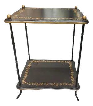 Vintage Hollywood Regency Faux Metal Bamboo Two-Tier Occasional Table With Gilt Laurel Detail