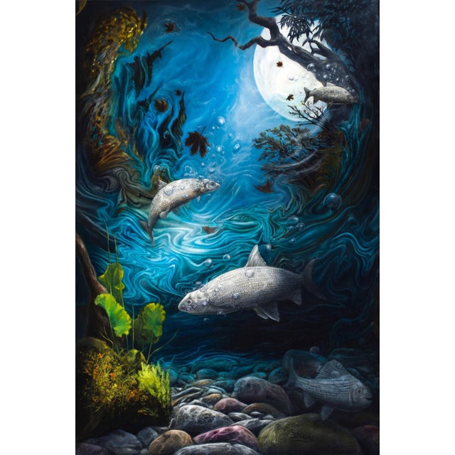 Night Stalker by Shay Davis | Oil Painting of fish swimming in a moonlit underwater scene For Sale