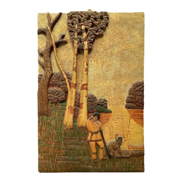 Antique Carved Wood Plaque With Native American Guide & Trapper For Sale