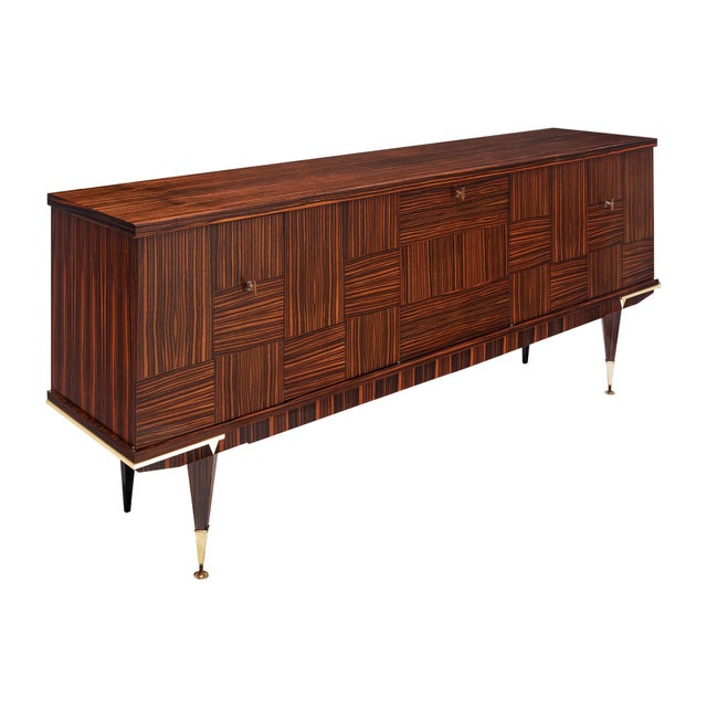 Buffet, enfilade from France featuring a Macassar of Ebony mosaic pattern parquetry veneer. The doors open to lemonwood...