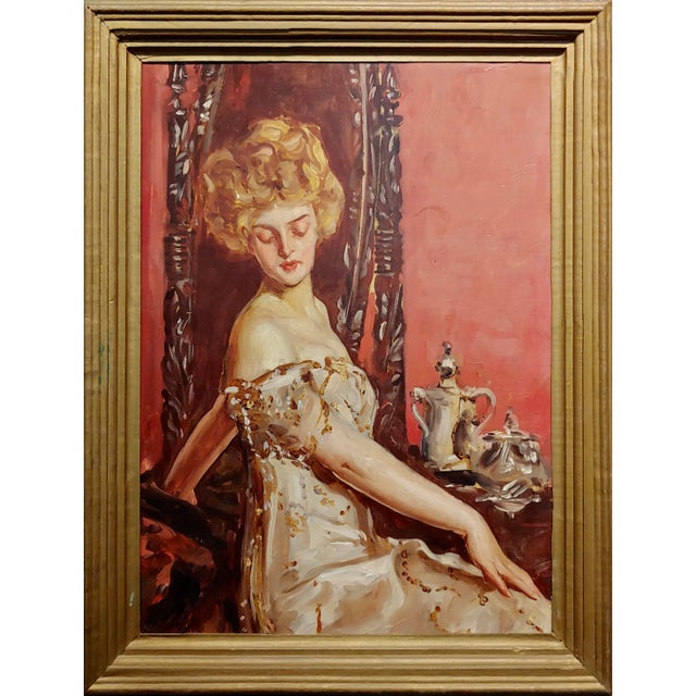 Albert Beck Wenzell -She Is Enjoying the Tea Time-Oil Painting -Circa 1911 For Sale - Image 9 of 9