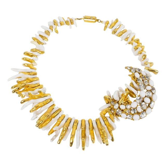 Ugo Correani Gold and White Choker Necklace with Jeweled Medallion For Sale