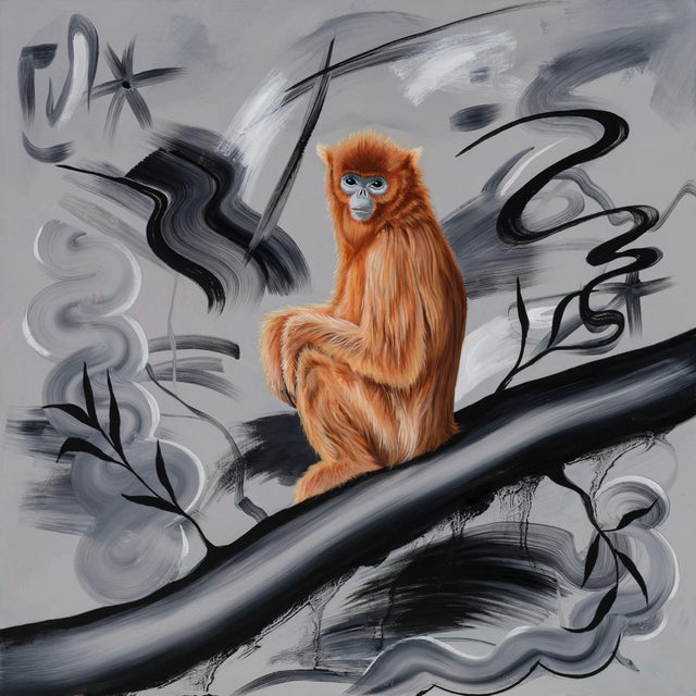 Golden Haired Monkey by Robin Hextrum | Oil on panel of an orange monkey on a branch For Sale