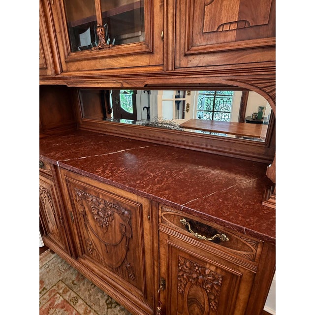 1900 - 1909 Antique French Carved Walnut Buffet a Deux Corps With Rouge Marble Top For Sale - Image 5 of 12