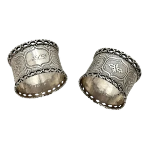 Outstanding Original Match Pair of Antique Hand Made American Coin Silver Napkin Rings - Circa 1860s