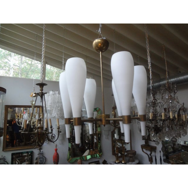 Brass Italian Brass and Glass Modernist Chandelier-Fontana Arte Style For Sale - Image 8 of 11