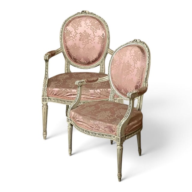French Pair 19th Century French Louis XVI Painted Armchairs For Sale - Image 3 of 15