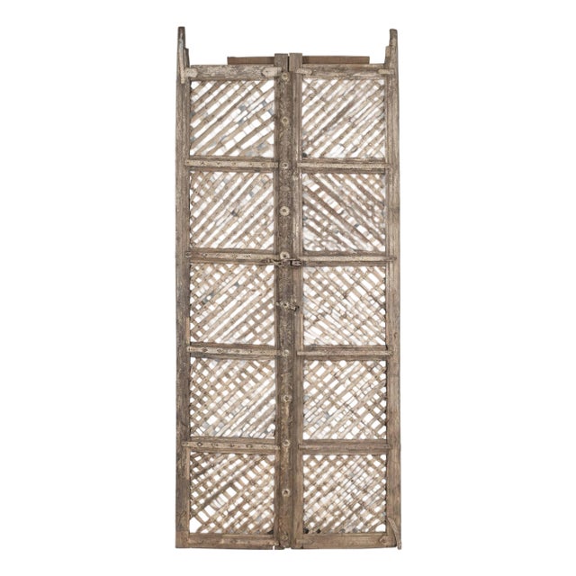 Antique Indian Carved and Sun Bleached Teakwood “Jali” Trellis Door For Sale