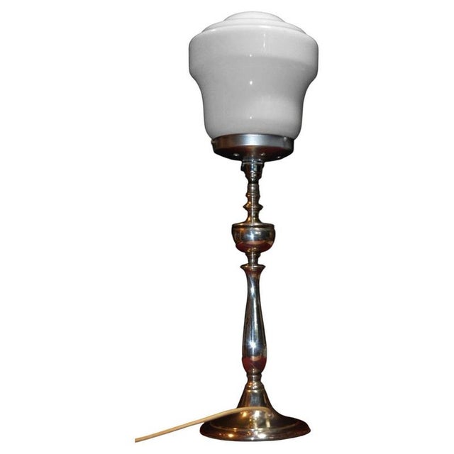 English Art Deco Silver-Plated and Opaline Glass Table Lamp, 1920 For Sale - Image 15 of 15