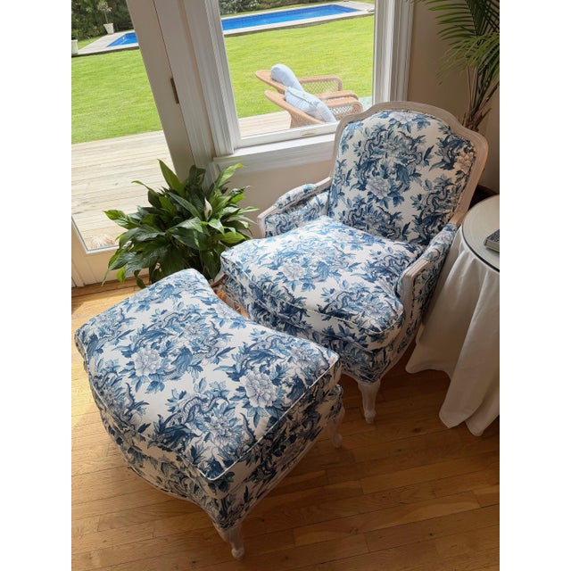 Custom Blue and White Marquis Bergere Chair and Ottoman Set Upholstered in Ralph Lauren For Sale - Image 17 of 18