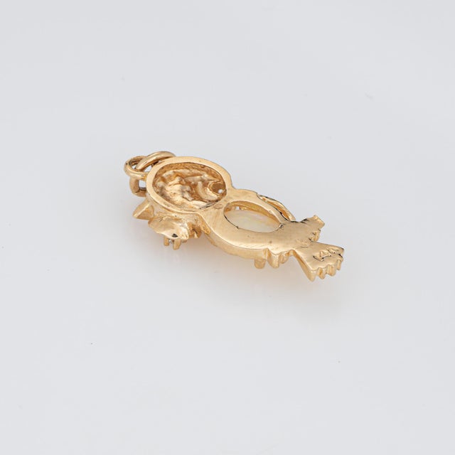 Modern Owl Pendant Vintage 14k Yellow Gold Opal Diamond Eyes Estate Charm Jewelry For Sale - Image 3 of 4