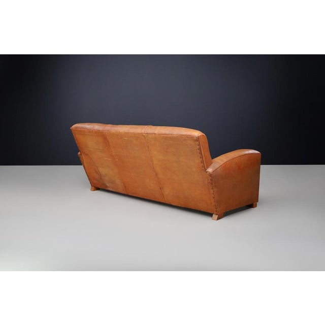 Brown French Art Deco Patinated Leather Lounge Sofa, 1930s For Sale - Image 8 of 11
