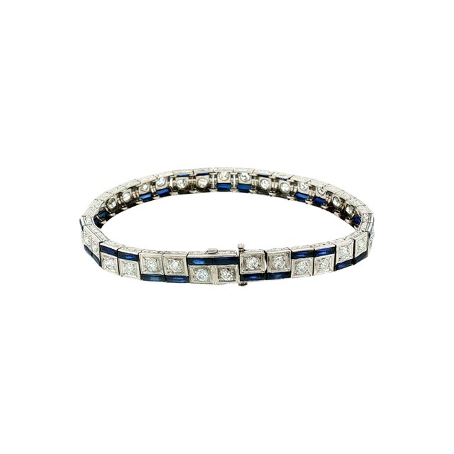 Art Deco Early 20th Century Art Deco Platinum Synthetic Calibre Cut Sapphire and Diamond Bracelet For Sale - Image 3 of 4