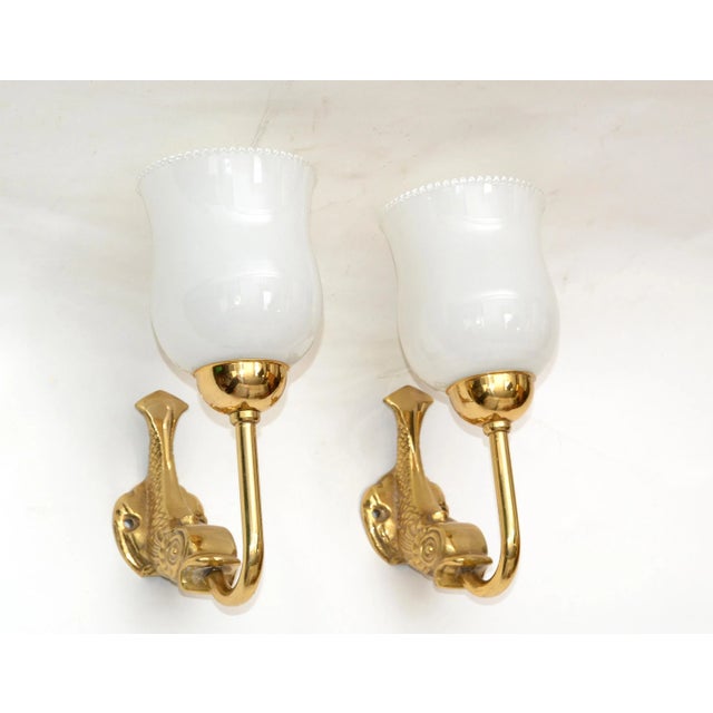 Maison Lancel Brass Dolphin Sconces Ruffled Opaline Glass Shade France 1950-Pair For Sale - Image 11 of 13