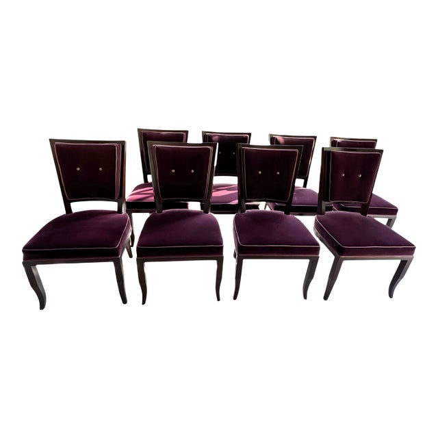 Mid 20th Century French Moderne Dining Chairs in Aubergine Mohair- Set of 8 For Sale