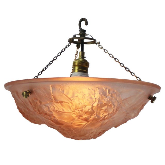 French Art Nouveau, pink pressed glass pendant lamp ca. 1920 Brass chain E27 / E26 Up to 250V (Europe/UK Standard).The...
