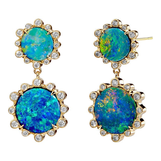 Syna Yellow Gold Hex Earrings with Boulder Opal and Diamonds, a Pair For Sale
