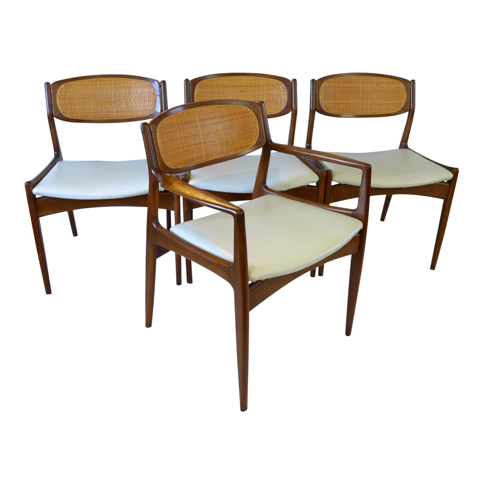 1960s Kofod Larsen for Selig Cane Back Walnut Dining Chairs with White Leather Seats Set of 4