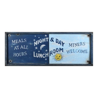 Brilliant Decorative Vintage Tavern Sign in Blues, Advertising Meals Where Miners Are Welcome For Sale