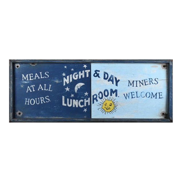 Brilliant Decorative Vintage Tavern Sign in Blues, Advertising Meals Where Miners Are Welcome For Sale