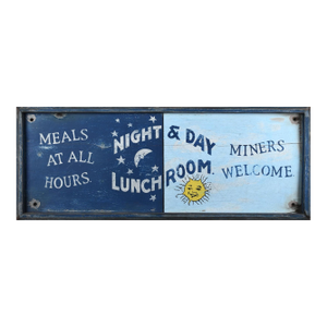 Brilliant Decorative Vintage Tavern Sign in Blues, Advertising Meals Where Miners Are Welcome