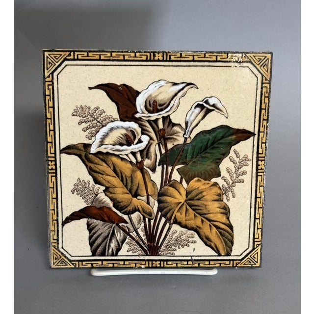 Set of five antique English Victorian Aesthetic Movement ceramic fireplace or architectural tiles featuring hand-painted...