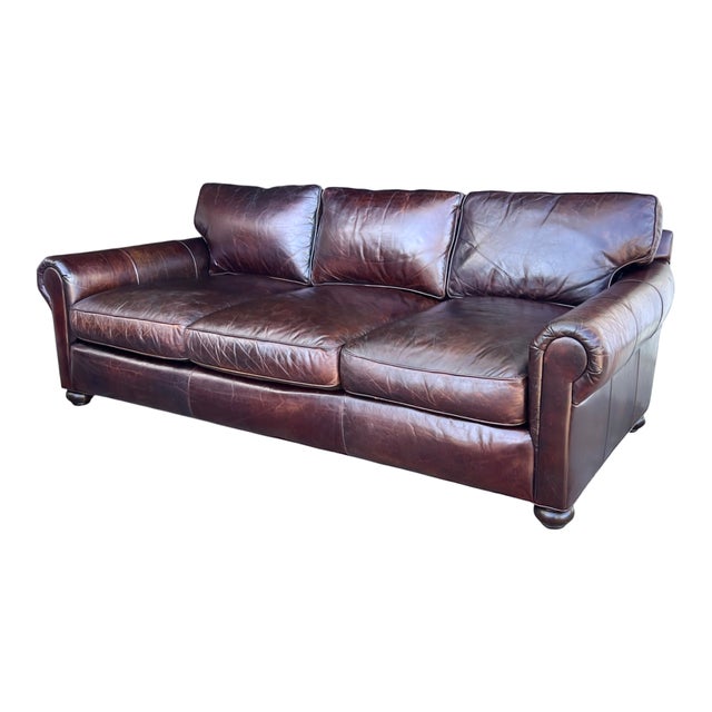 Contemporary Restoration Hardware Medium Brown Leather Sofa With Feather-Filled Cushions For Sale - Image 3 of 10