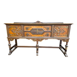Antique Berkey & Gay Spanish Revival Ornate Walnut and Burlwood 72" Sideboard - Crafted in Grand Rapids Circa 1917 For Sale