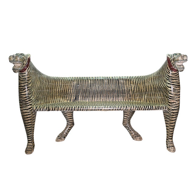 Mid-Century Modern Vintage Hand-Painted Wooden Tiger Bench: Indian Folk Art Seating For Sale - Image 3 of 4