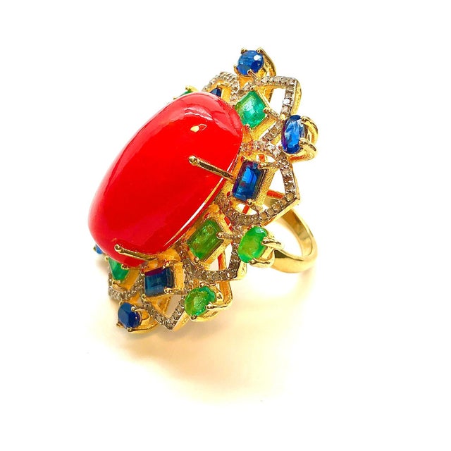 Bochic “Orient” Vintage Orange Opal, Emerald, Kyanite & Diamond Ring in 18K Gold & Silver A bold and captivating statement...