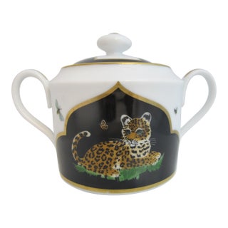 Lynn Chase Leopard Cat Design Jaguar Jungle Porcelain 24k Gold Sugar Bowl For Sale