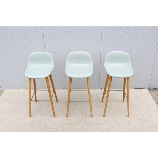 Baby Blue Danish Modern Iskos-Berlin for Muuto Fiber Bar Stools Oak Wood Base - Set of 3 For Sale - Image 8 of 18
