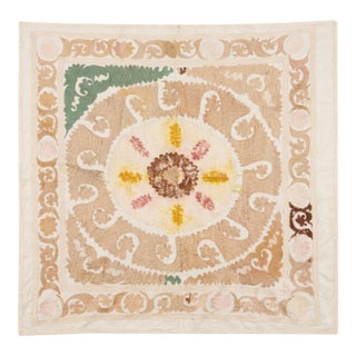 Hand-Embroidered Neutral Tan Suzani Wall Hanging, 5' X 5'1'' For Sale