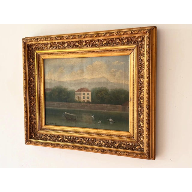 European School, Lakeside Villa with Swans, 1890s, Oil on Canvas, Framed For Sale - Image 4 of 12