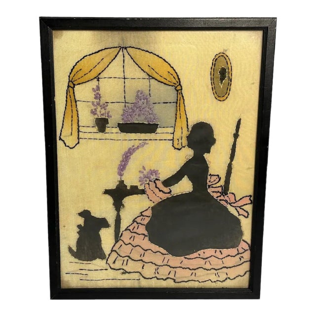 Mid 20th Century Folk Art Silk Embroidery Picture: Woman & Dog Silhouette in Frame For Sale