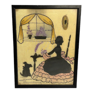Mid 20th Century Folk Art Silk Embroidery Picture: Woman & Dog Silhouette in Frame