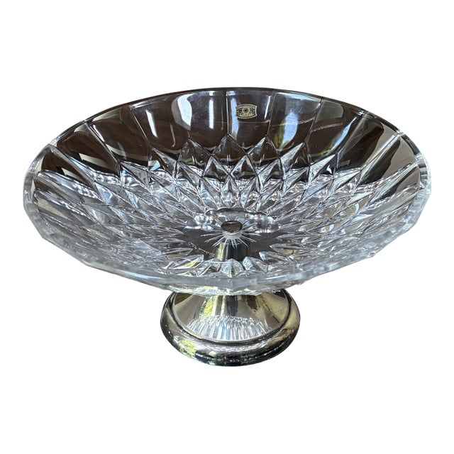 Vintage Mid-Century Cut Crystal Footed Compote Bowl & Ornate Engraved Silver-Plated Butler’s Tray - 2-Piece Set For Sale