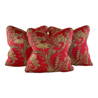 Designer Vicki Payne Free Spirit Crewel Brown Pink & Taupe Block Print Botanical Floral Leaf Pillow Covers - Set of 3 For Sale