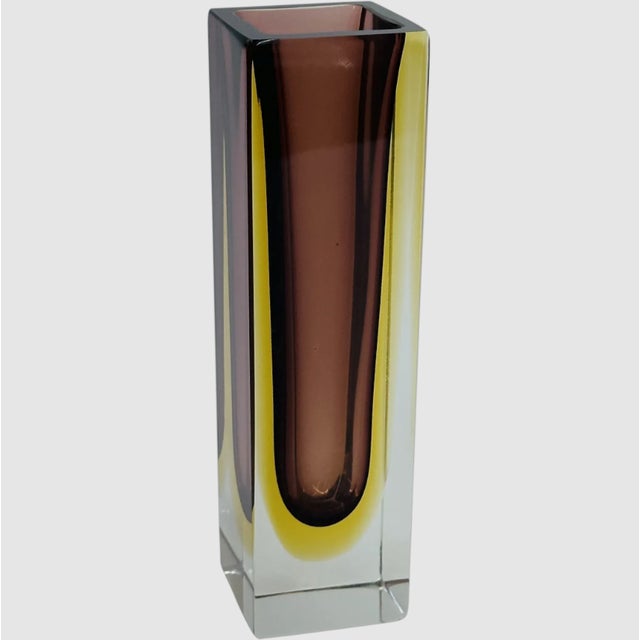 Vintage Mid Century Murano glass tall square vase. Clear or colorless with a gold yellow color center fading to brown...