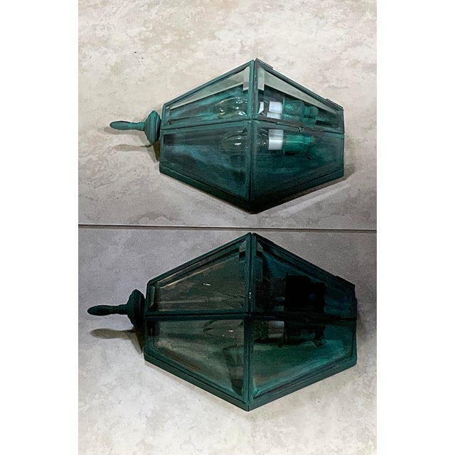 Metal Pair of Vintage Solid Brass Verdigris Hexagonal Wall Sconces For Sale - Image 7 of 16