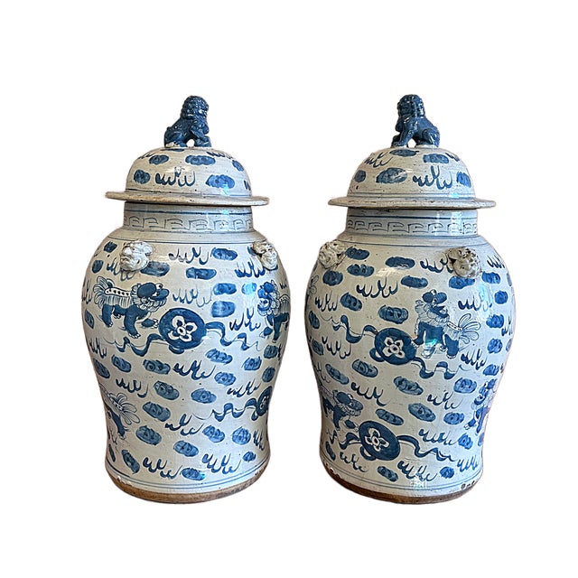 2020s Large Chinoiserie Temple Jars With Foo Dog Designs - A Pair For Sale - Image 5 of 8