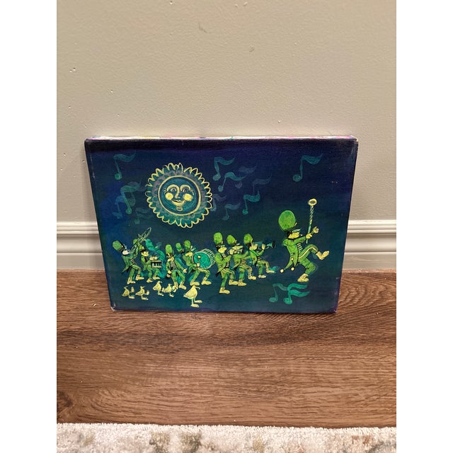 Pair of Vintage Post Modern Signed 1972 Whimsical Folk Paintings on Stretched Canvas – Fire Truck & Marching Band (Pair For Sale - Image 17 of 18