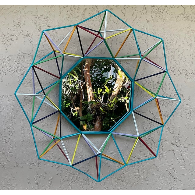 Funky One-of-a-Kind Hand-Painted Geometric Metal Mirror – 3d Sunburst Wall Art For Sale - Image 16 of 18
