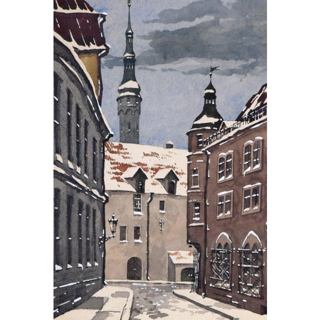 Vintage European Winter Architectural Cityscape Watercolor Painting C. 1930s For Sale - Image 4 of 5