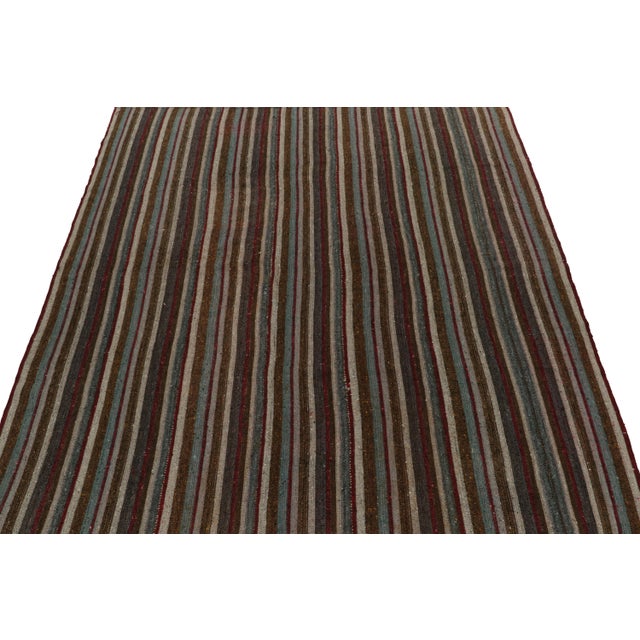 Shabby Chic 1950s Vintage Mid-Century Kilim Beige-Brown Red and Blue Striped Pattern For Sale - Image 3 of 7