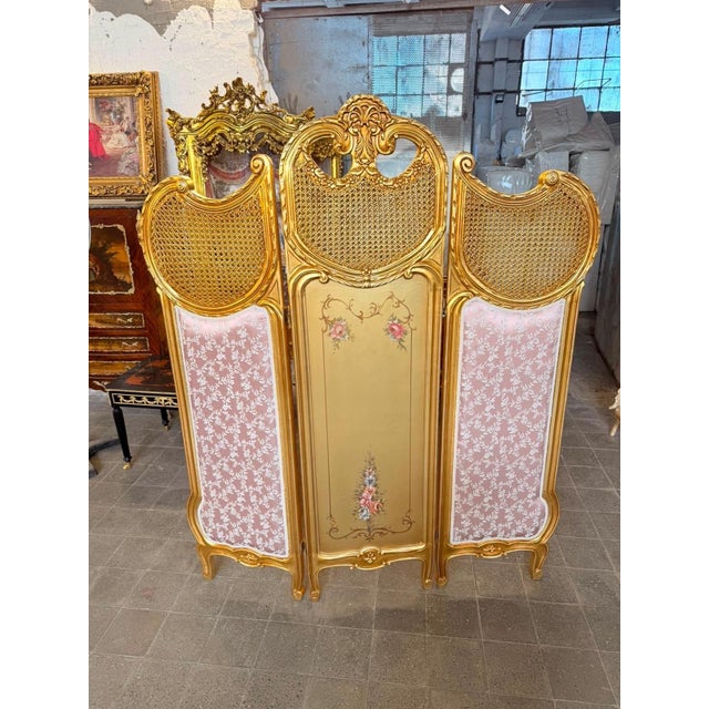 Wood Vintage Rococo Folding Screen Handpainted Floral Gold leaf Set For Sale - Image 7 of 8