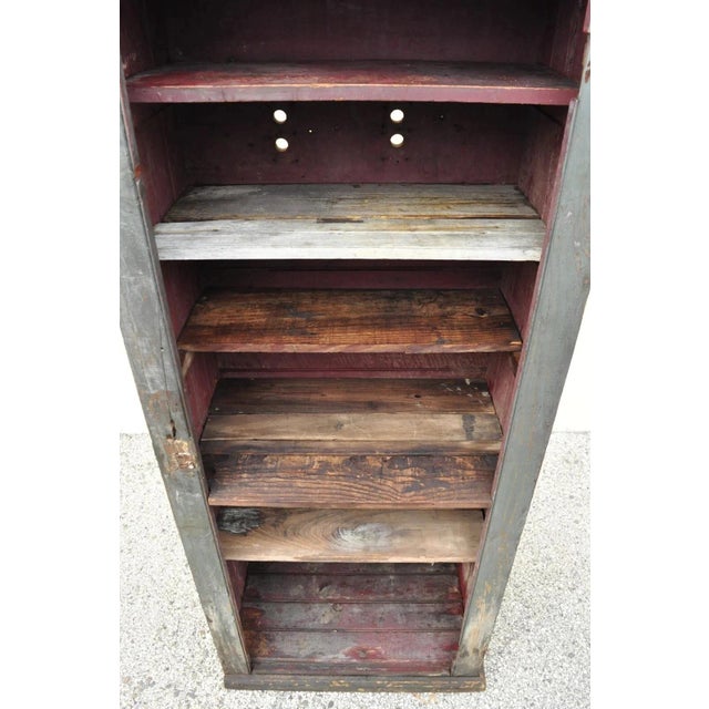 Antique American Primitive Blue Green Distress Painted Bookcase Cupboard Cabinet For Sale - Image 4 of 12