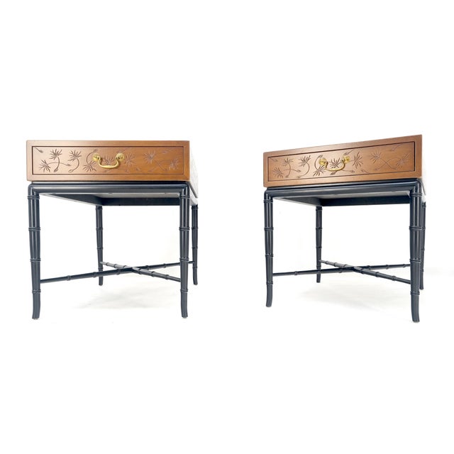 Pair of Kittinger Faux Bamboo Tapered Horn Shape Legs One Drawer End Tables MINT For Sale - Image 14 of 18